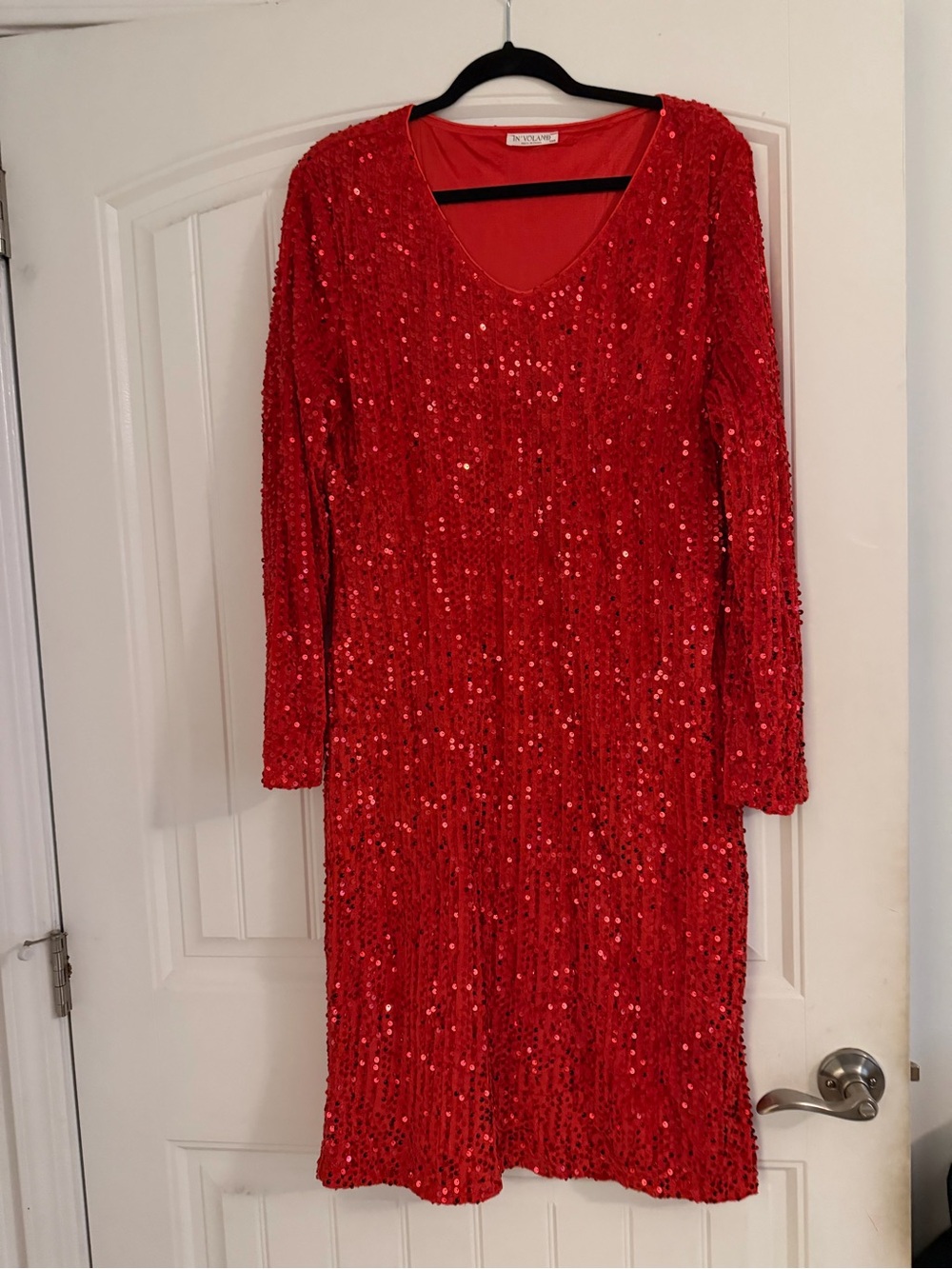 Red Sequin V-Neck Long Sleeve Dress by Unknown Brand